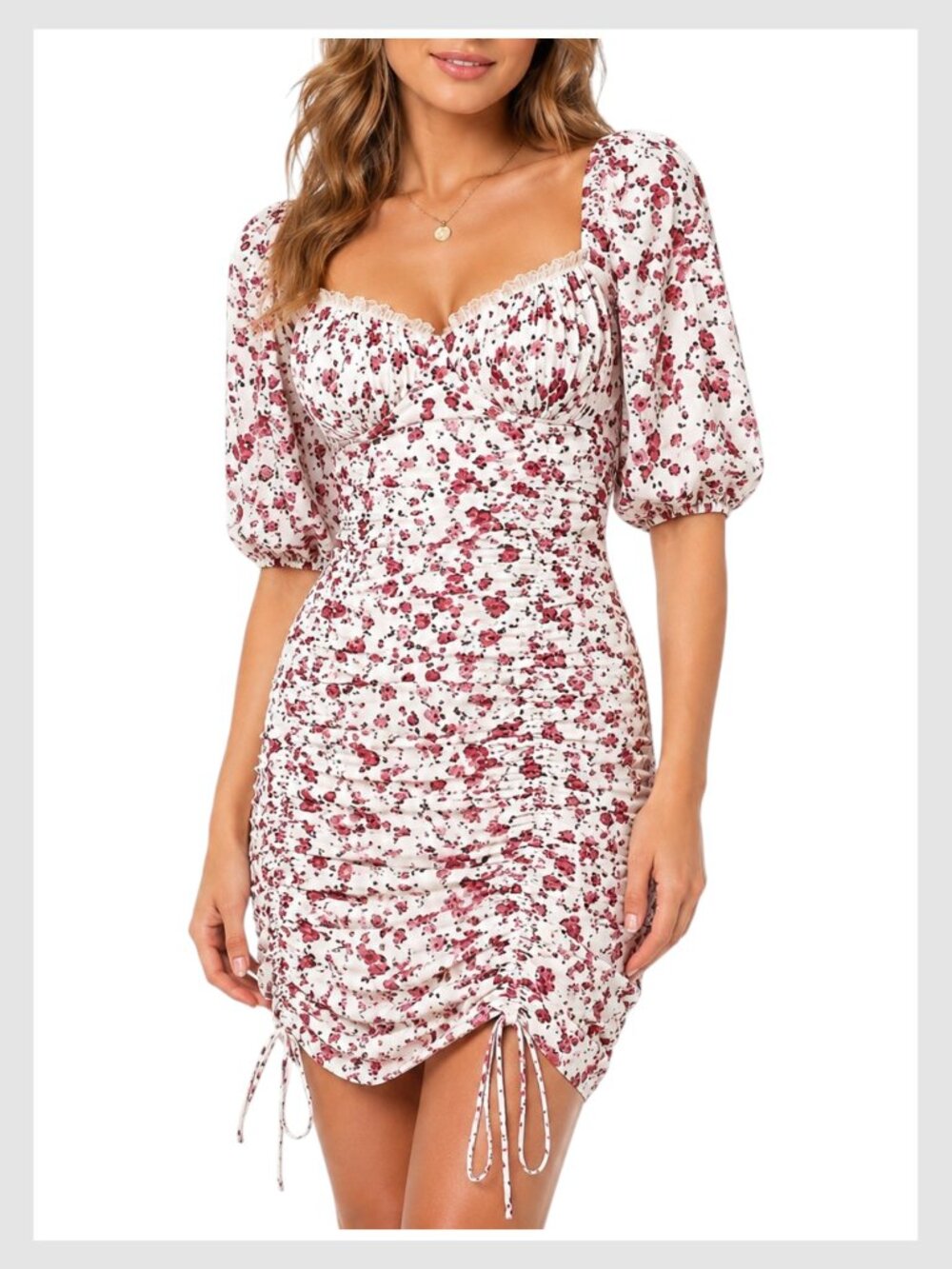 For Love & Lemons White Floral Ruched Mini Dress Sweetheart S
